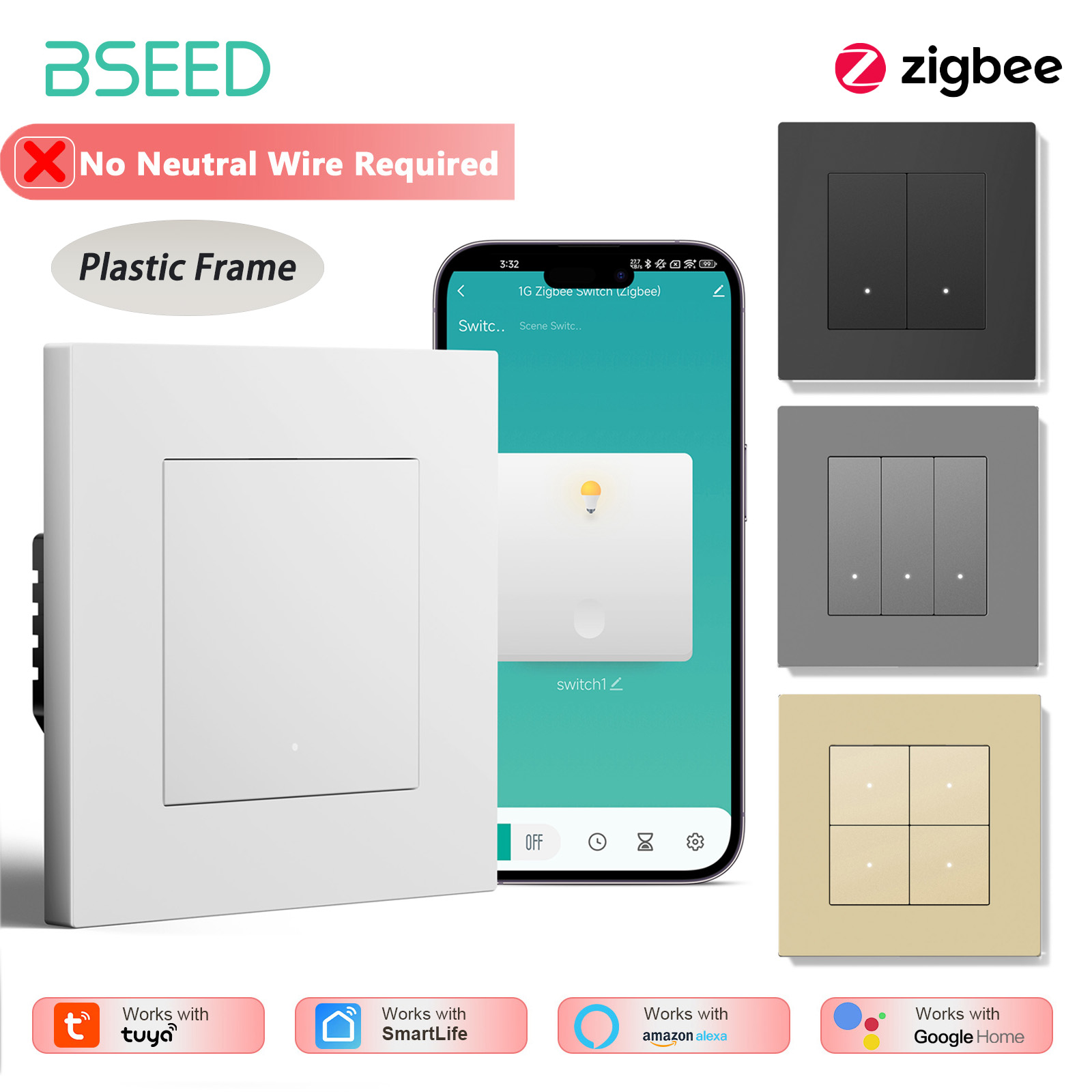 Tuya 4 Channel - مفتاح إضاءة ذكي BSEED بـ 1/2/3/4